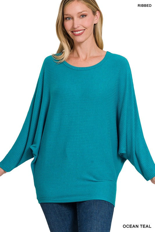 RIBBED BATWING LONG SLEEVE BOAT NECK SWEATER-Charmful Clothing Boutique