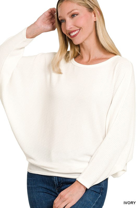 RIBBED BATWING LONG SLEEVE BOAT NECK SWEATER-Charmful Clothing Boutique