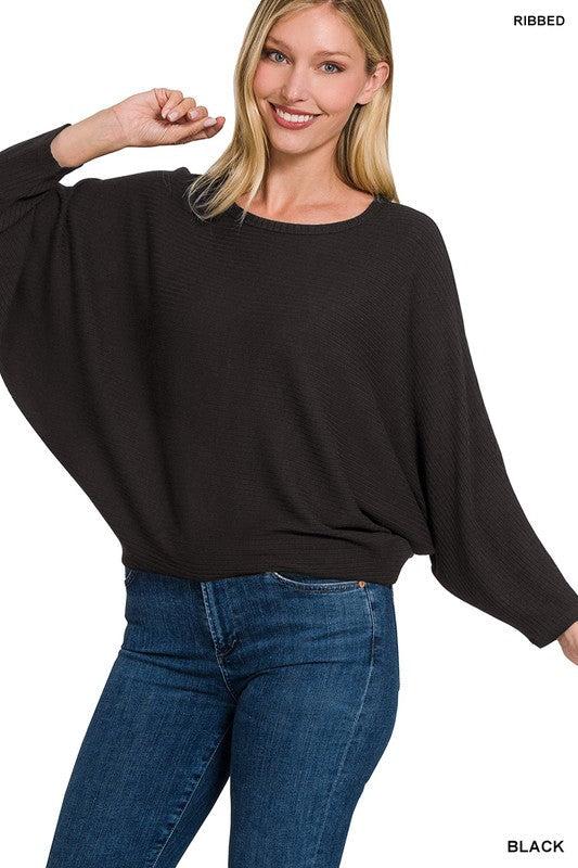 RIBBED BATWING LONG SLEEVE BOAT NECK SWEATER-Charmful Clothing Boutique