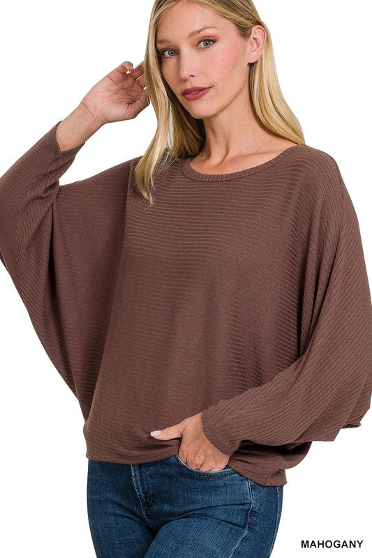 RIBBED BATWING LONG SLEEVE BOAT NECK SWEATER-Charmful Clothing Boutique