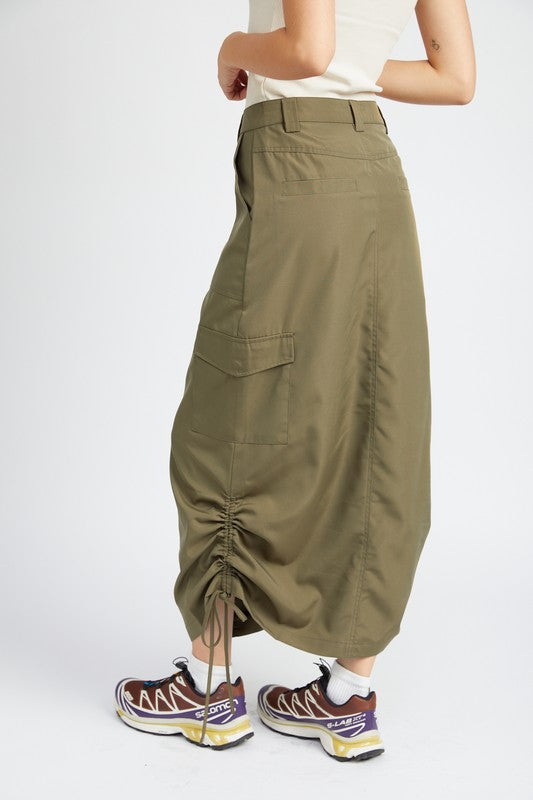 Women's Ruched Midi Cargo Skirt with Adjustable Ties and Zipper Fly-Charmful Clothing Boutique