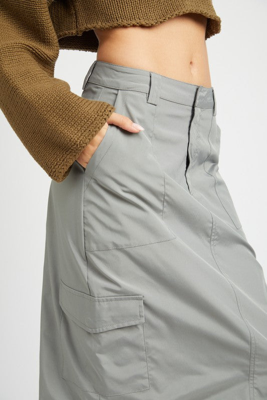 Women's Ruched Midi Cargo Skirt with Adjustable Ties and Zipper Fly-Charmful Clothing Boutique