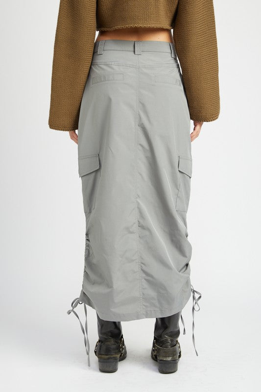 Women's Ruched Midi Cargo Skirt with Adjustable Ties and Zipper Fly-Charmful Clothing Boutique