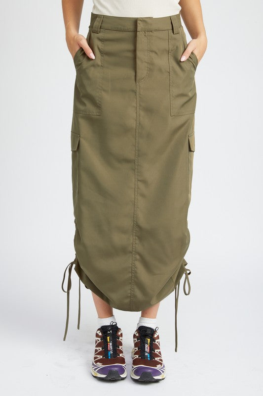 Women's Ruched Midi Cargo Skirt with Adjustable Ties and Zipper Fly-Charmful Clothing Boutique