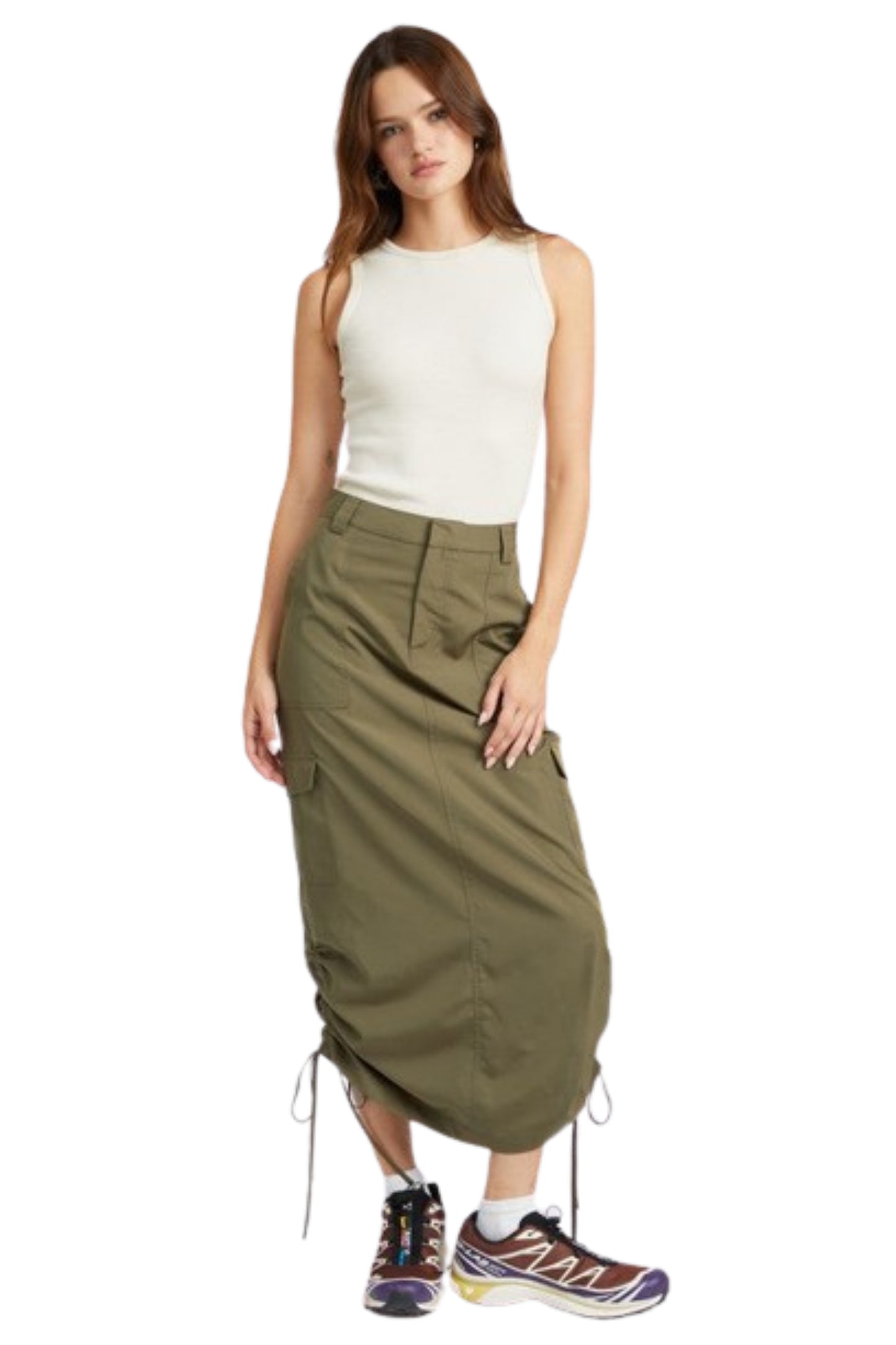 Skirt - Women's Ruched Midi Cargo Skirt With Adjustable Ties And Zipper Fly