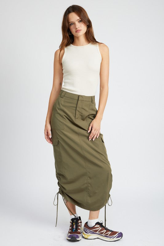 Women's Ruched Midi Cargo Skirt with Adjustable Ties and Zipper Fly-Charmful Clothing Boutique