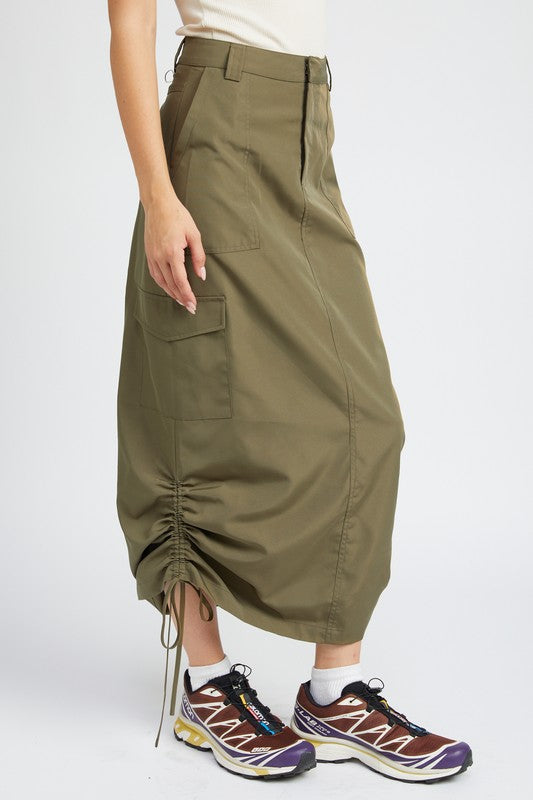 Women's Ruched Midi Cargo Skirt with Adjustable Ties and Zipper Fly-Charmful Clothing Boutique