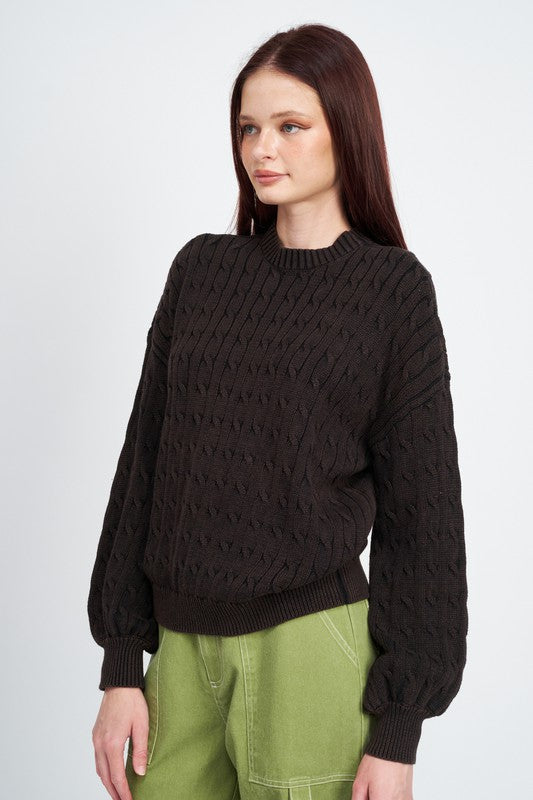 Cable Knit Sweater in Cotton with Bubble Sleeves-Charmful Clothing Boutique