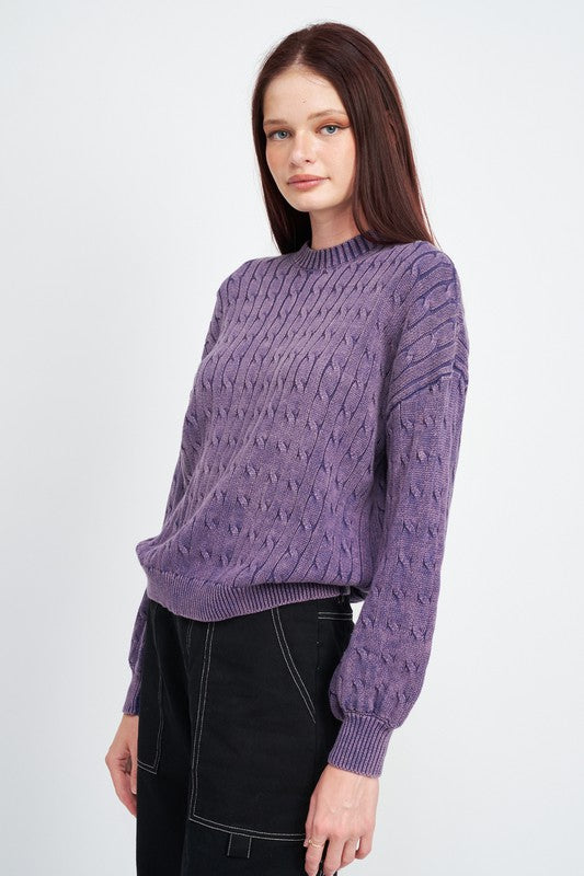 Cable Knit Sweater in Cotton with Bubble Sleeves-Charmful Clothing Boutique