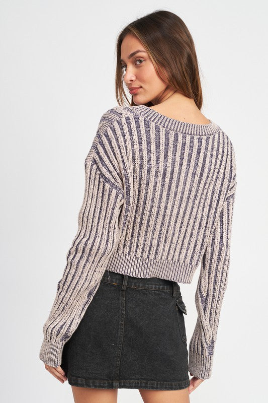 CONTRASTED CABLE KNIT SWEATER TOP-Charmful Clothing Boutique