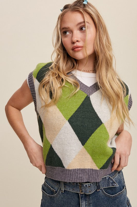 Argyle Cropped Sweater Vest-Charmful Clothing Boutique