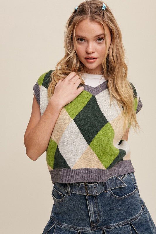 Argyle Cropped Sweater Vest-Charmful Clothing Boutique